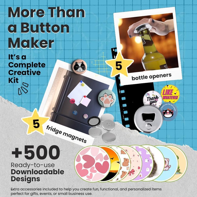nice2have Button Maker Machine – 2.25 Inch (58mm) – Single Mold, Pin Maker Machine Kit with 100 Buttons, 5 Fridge Magnets, 5 Bottle Openers, Cutters, and 500+ Button Designs for DIY Crafts, Blue - Image 2